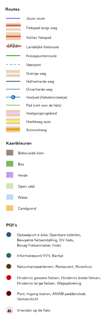 De legenda van de Fietsersbond Routeplanner met uitleg van de routes, kaartkleuren en POI's.